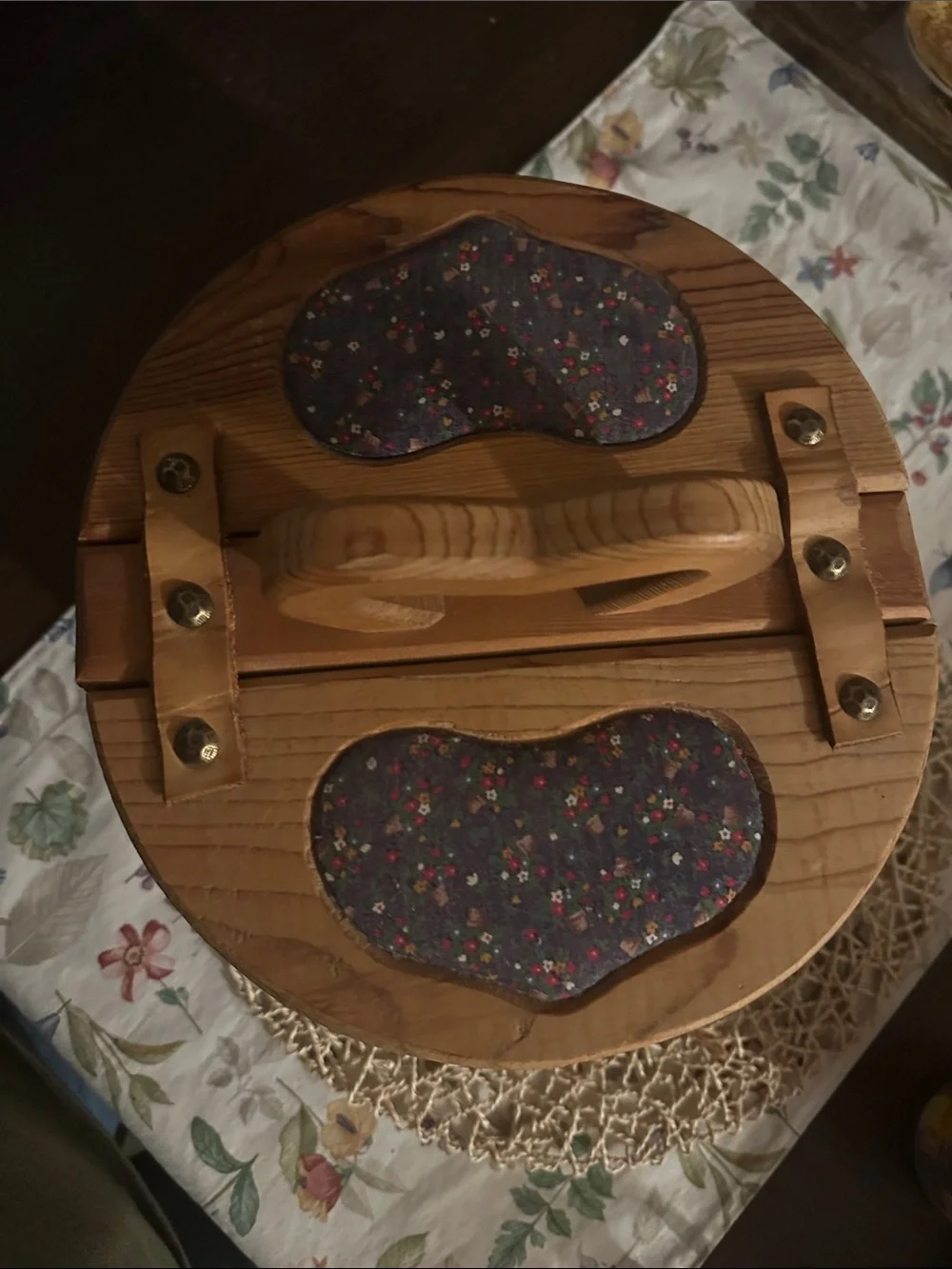 Vintage Wooden Sewing Basket with Navy Floral Fabric Trim